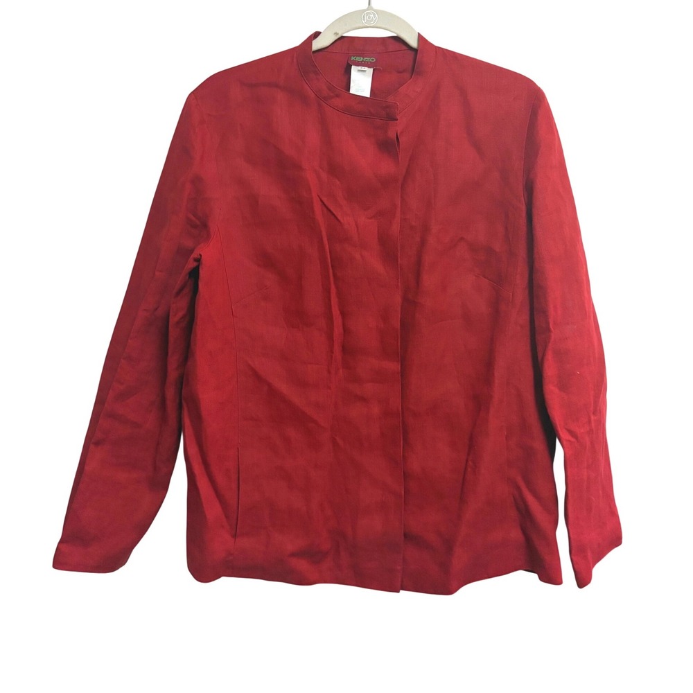 Kenzo Paris Vintage Linen Mandarin Collar Red Button Front Jacket Size 44